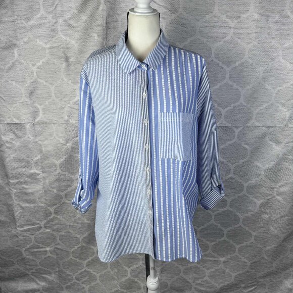 Casa Cabana Striped Patchwork Button-Up Shirt Blue White 1X - Picture 1 of 7